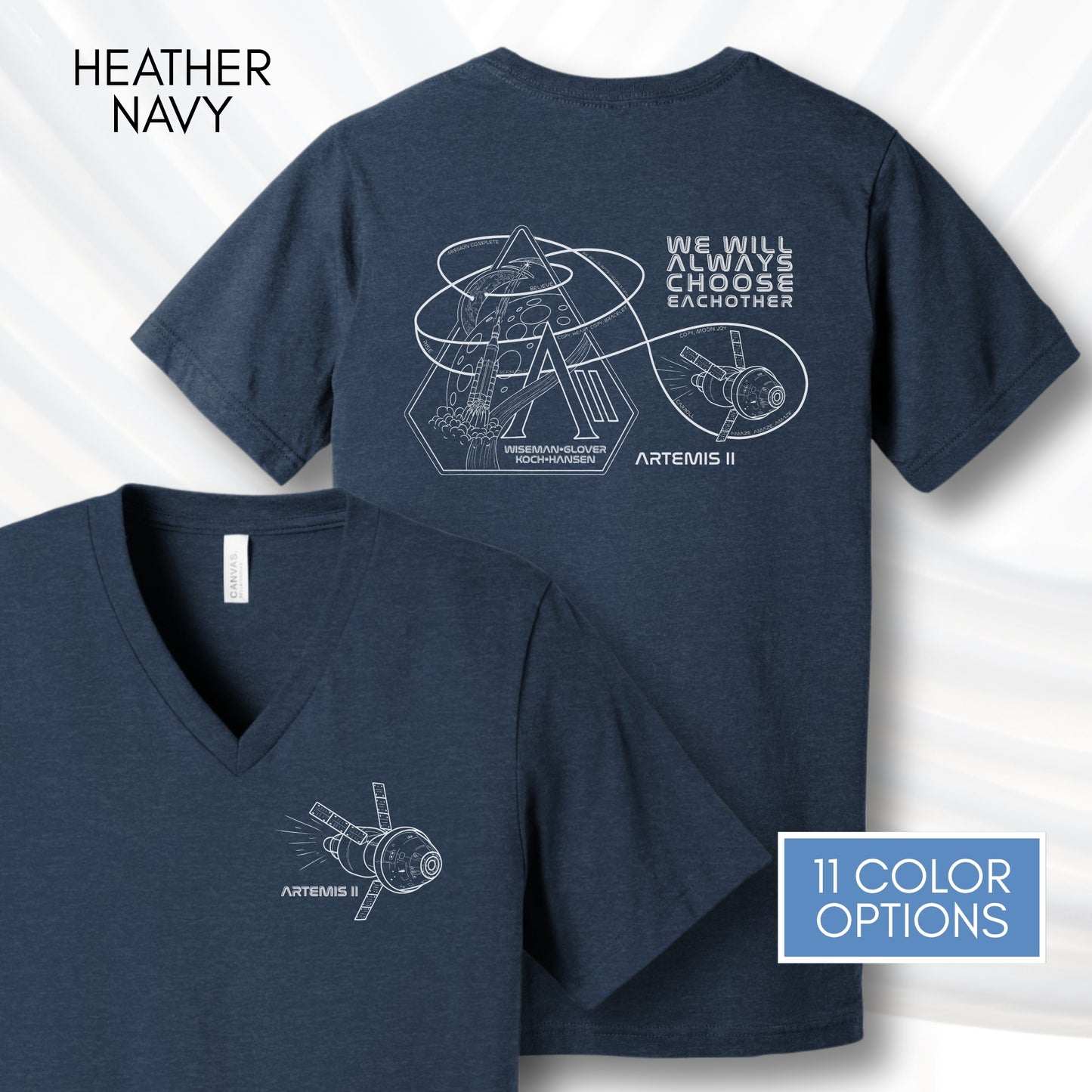 Artemis II Mission, NASA Inspired Unisex V-Neck Graphic Tee | Space Lover T-Shirt, Hand Drawn Art