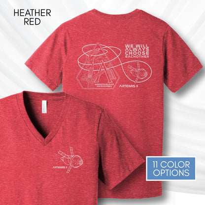 Artemis II Mission, NASA Inspired Unisex V-Neck Graphic Tee | Space Lover T-Shirt, Hand Drawn Art