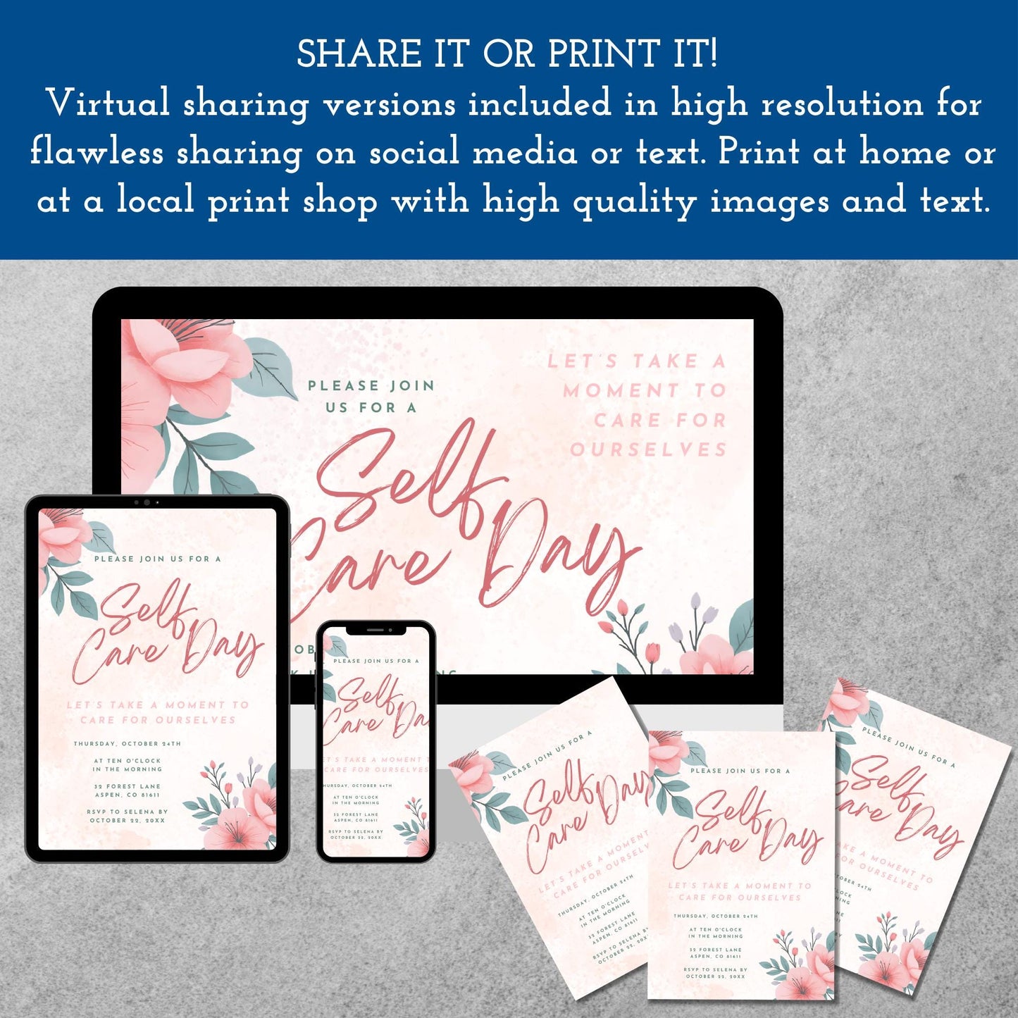 Self-Care Deluxe Party Kit | Printable Mental Health Day Invites + Decor + Activities (Canva Templates, PDFs)