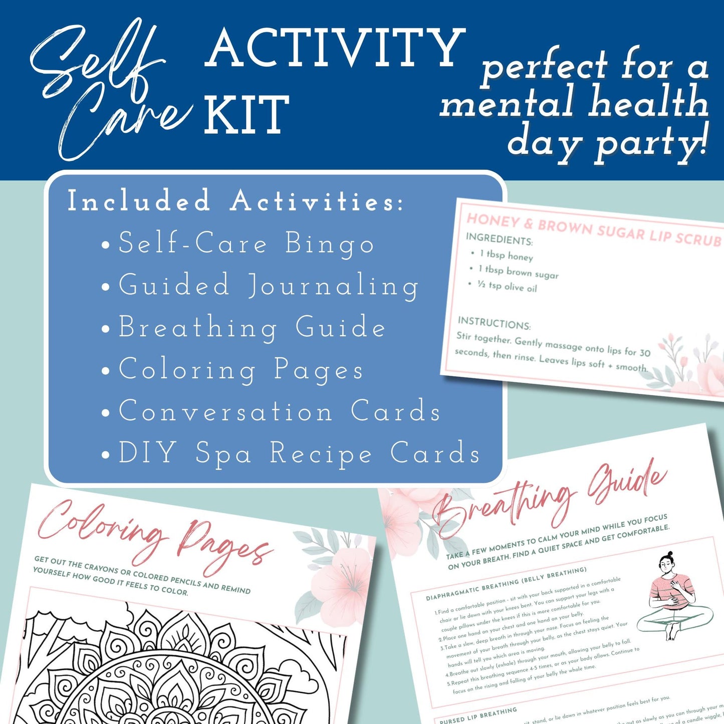 Self-Care Party Activity Kit | Printable Wellness Games, Guides, & Spa Recipes (Digital Download, PDF)