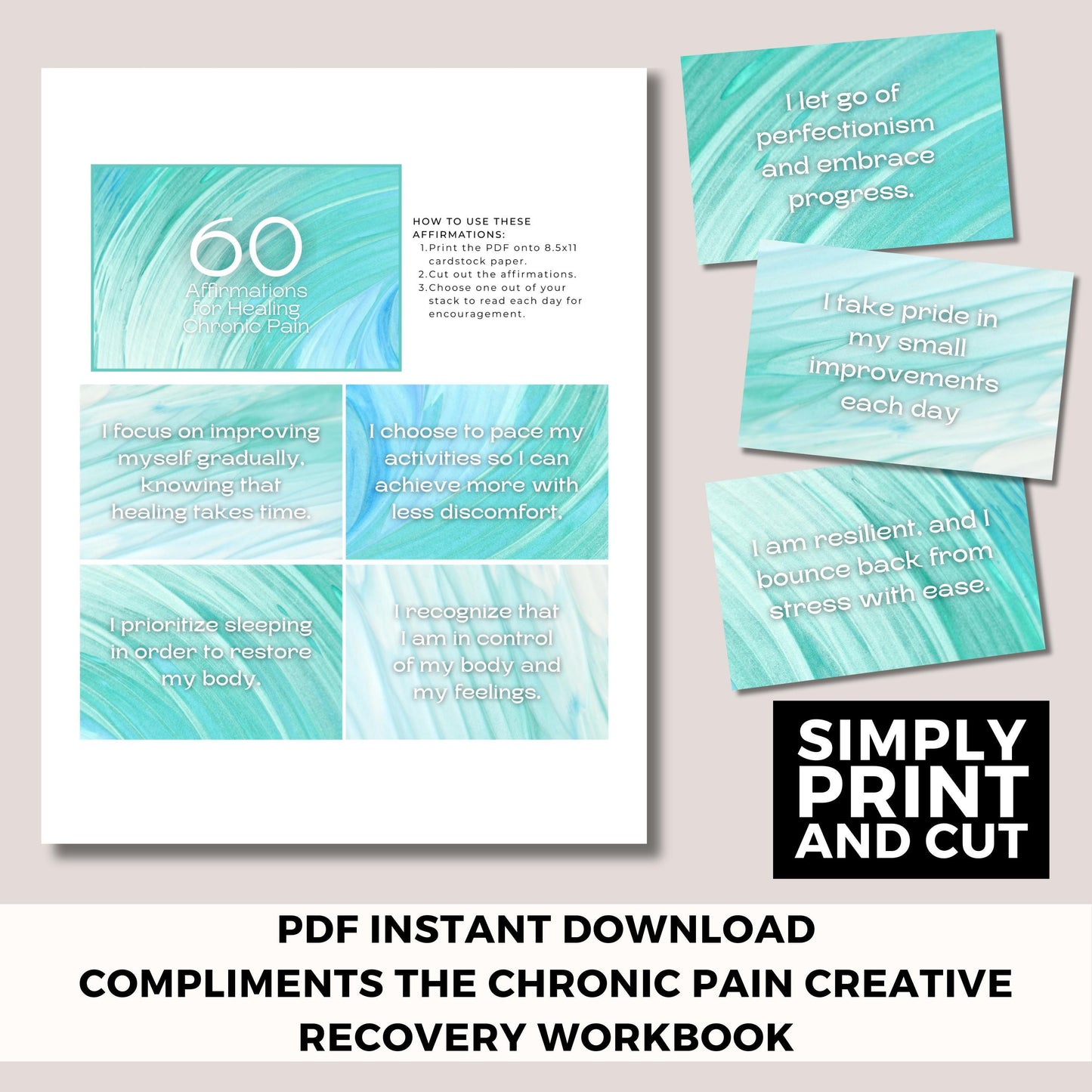 Chronic Pain Affirmation Cards | 60-Day Motivation (Digital Download, PDF, Print at Home)