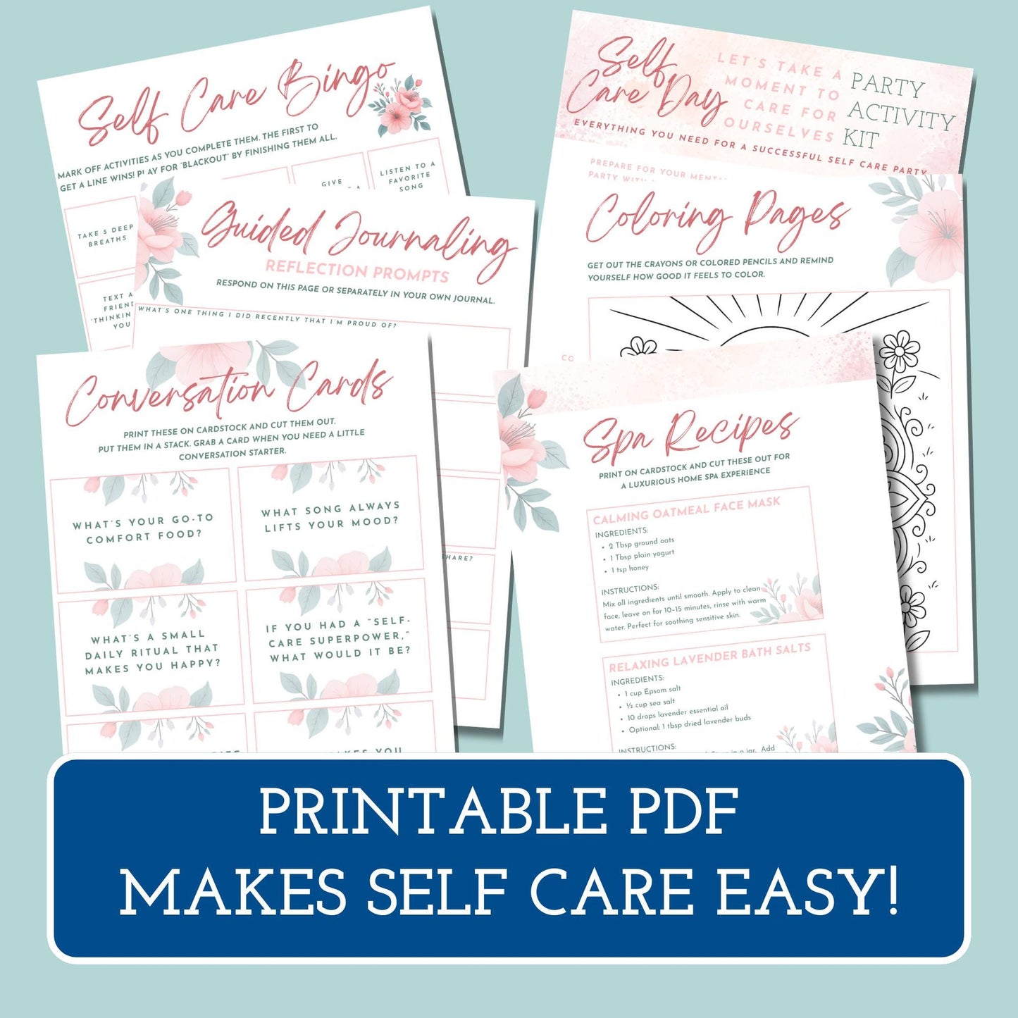 Self-Care Party Activity Kit | Printable Wellness Games, Guides, & Spa Recipes (Digital Download, PDF)