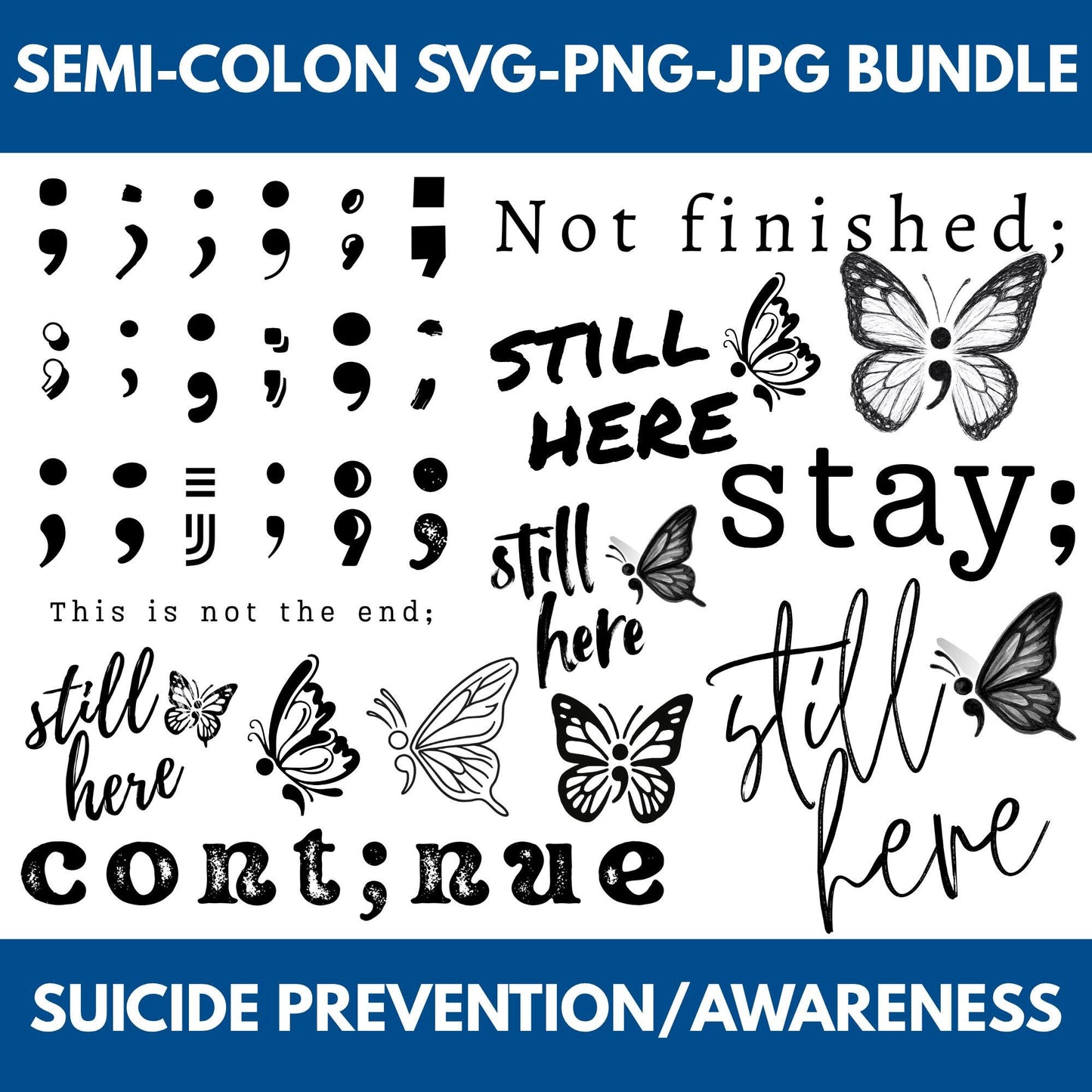 Semi-Colon Clipart Bundle | Suicide Prevention & Mental Health Awareness (Digital Download, SVG, PNG, JPG)