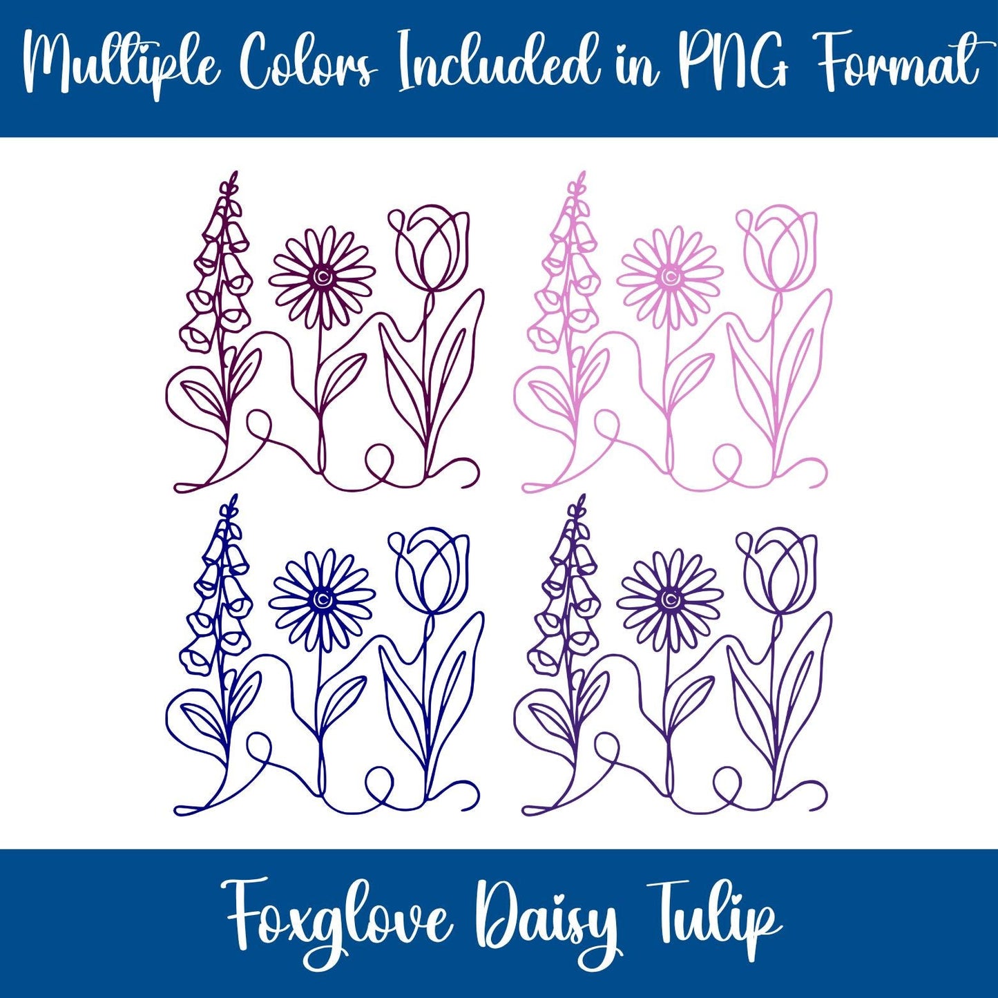 Subtle FDT Flowers Line Art  Clipart | Foxglove, Daisy, Tulip (Instant Download, svg, png, jpg)