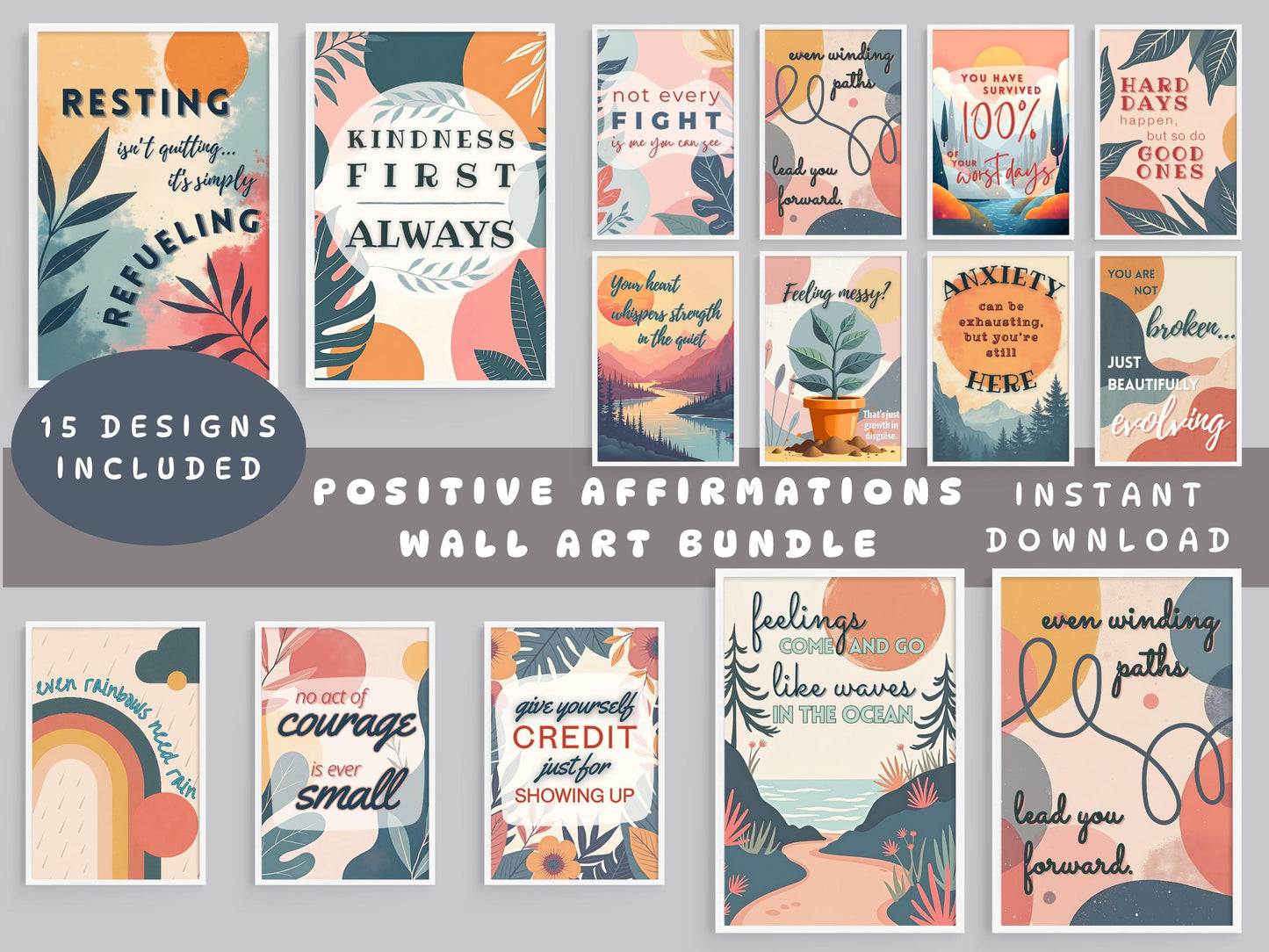 Positive Affirmation Wall Art Bundle | Mental Health Poster Set, Therapy Office Decor (Digital Download)