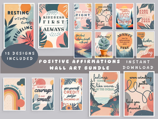 Positive Affirmation Wall Art Bundle | Mental Health Poster Set, Therapy Office Decor (Digital Download)