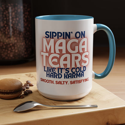 Sippin' on MAGA Tears Liberal Latte Coffee Mug | Color Accent Handle (11 oz or 15 oz)