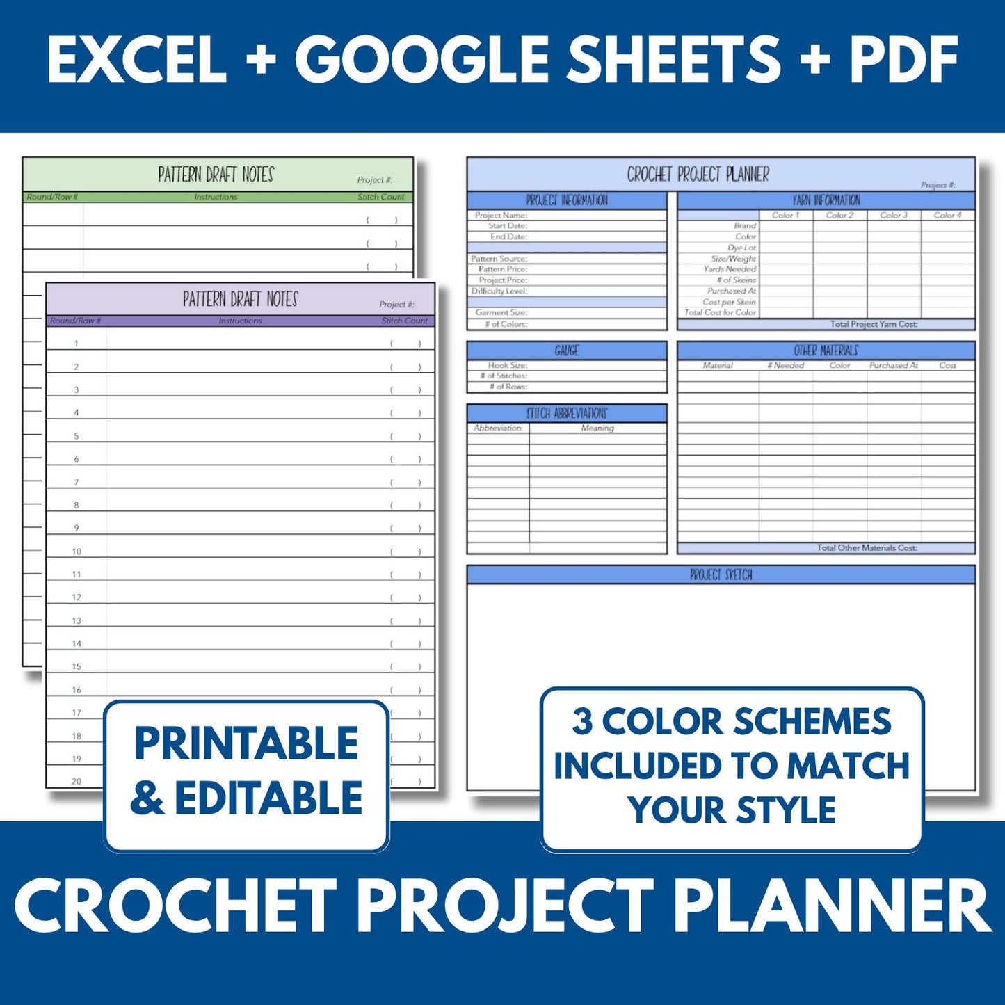 Crochet Pattern Project Planner | PDF, Excel & Google Sheets (Digital Download)