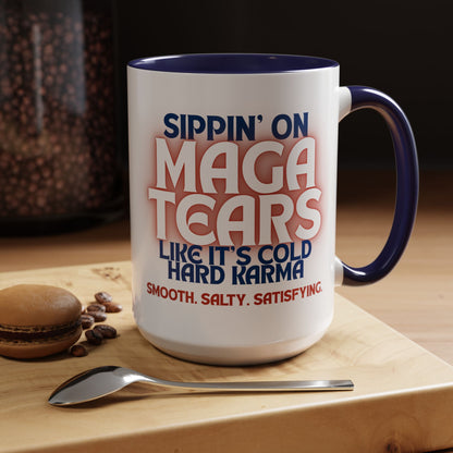 Sippin' on MAGA Tears Liberal Latte Coffee Mug | Color Accent Handle (11 oz or 15 oz)