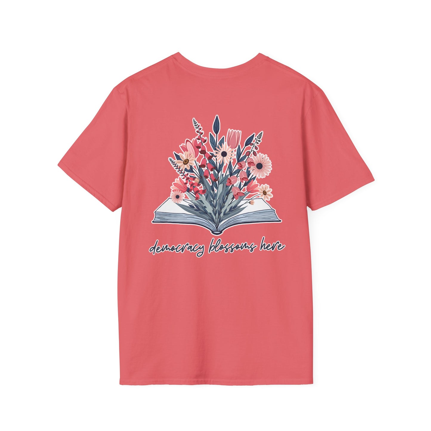 Floral Book Bouquet Unisex T-Shirt | Democracy Blossoms Here - Foxglove Daisy Tulip