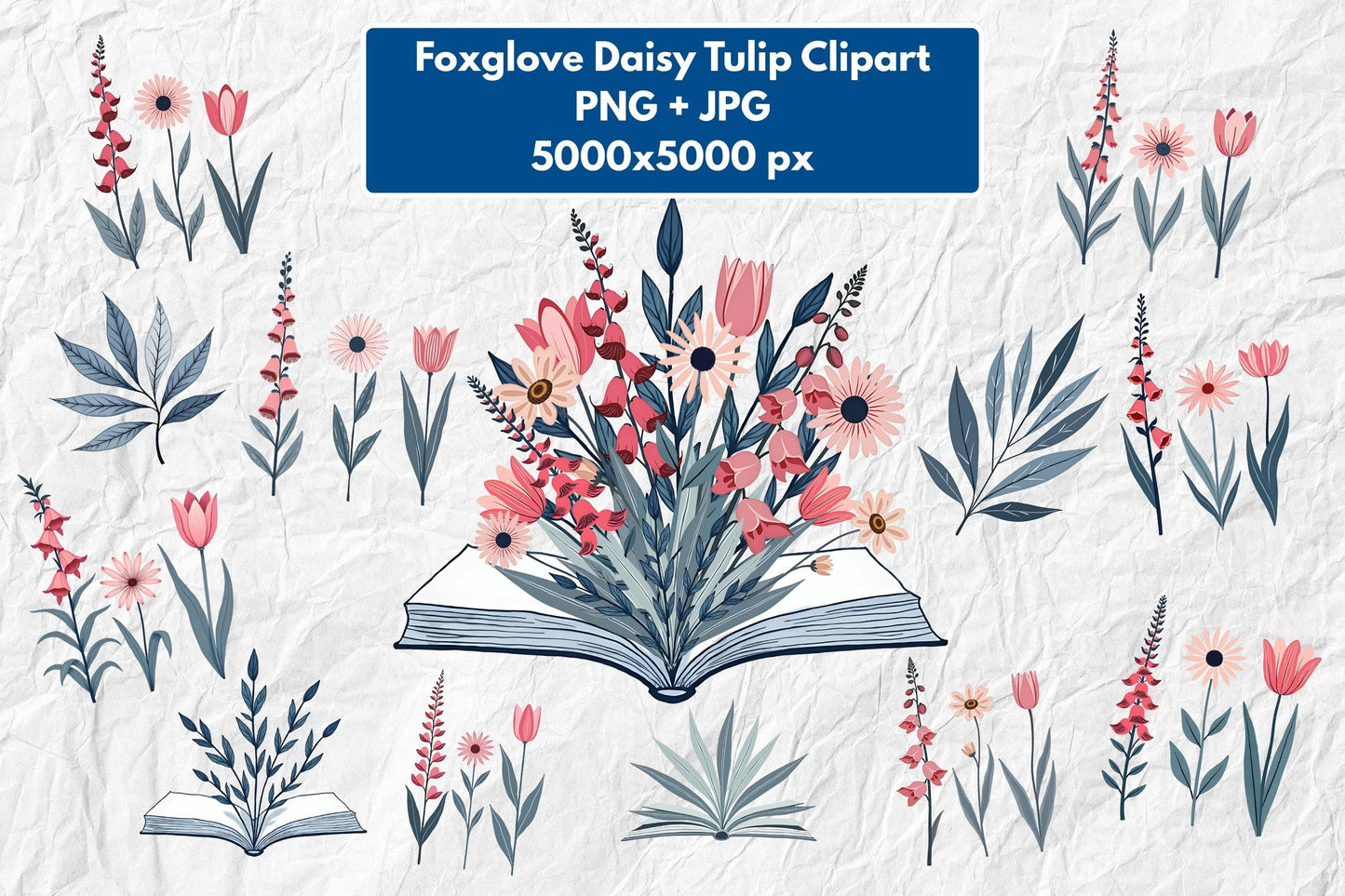 Subtle FDT Flowers & Book Clipart Set | Foxglove Daisy Tulip Watercolor Floral Bundle (Digital Download)