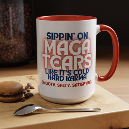Sippin' on MAGA Tears Liberal Latte Coffee Mug | Color Accent Handle (11 oz or 15 oz)