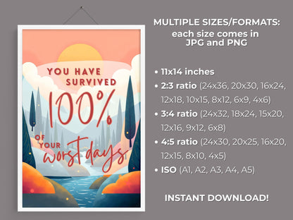 Daily Affirmations Poster | You've Survived Mental Health Wall Art (Digital Download)