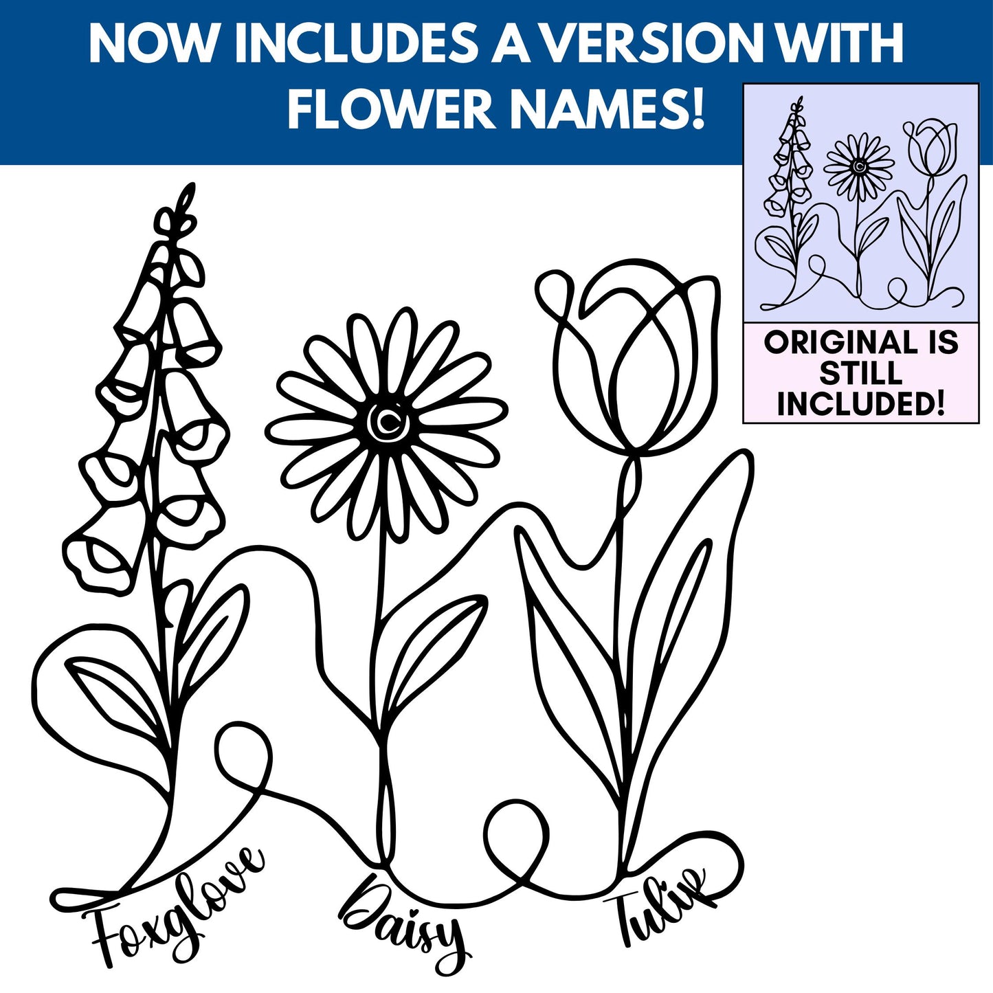 Subtle FDT Flowers Line Art Clipart | Foxglove, Daisy, Tulip (Instant Download, svg, png, jpg)