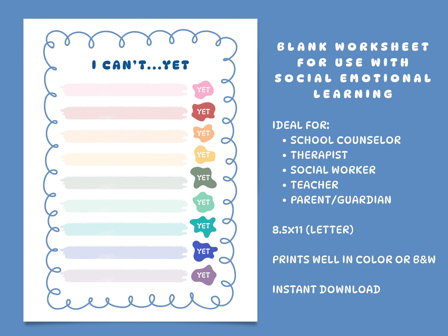 Growth Mindset Worksheet | I Can't Yet SEL Activity, Emotional Regulation Tool (Digital Download)