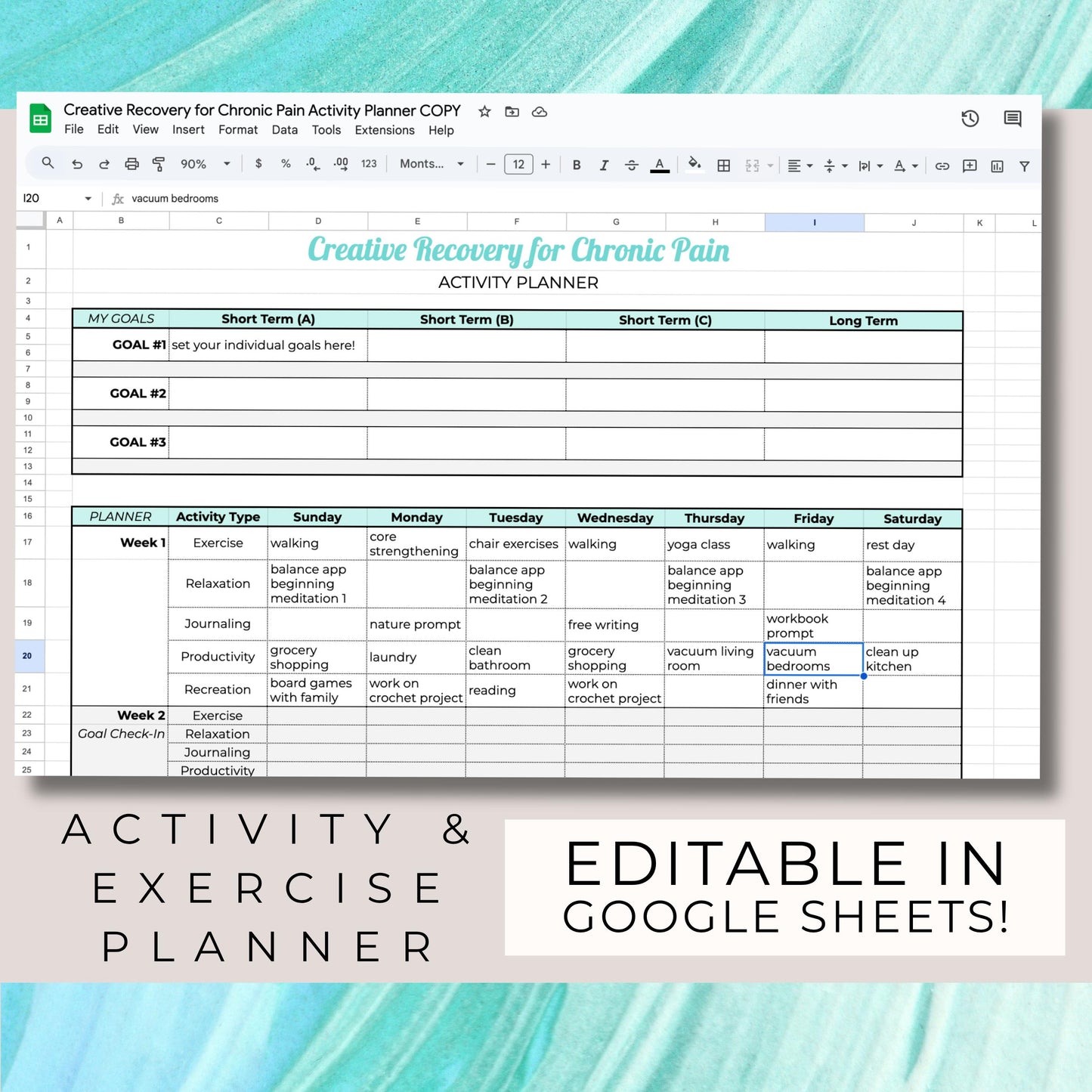 Chronic Pain Exercise & Activity Planner, Goal Tracker (PDF + Google Sheets Digital Download)