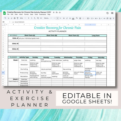 Chronic Pain Exercise & Activity Planner, Goal Tracker (PDF + Google Sheets Digital Download)