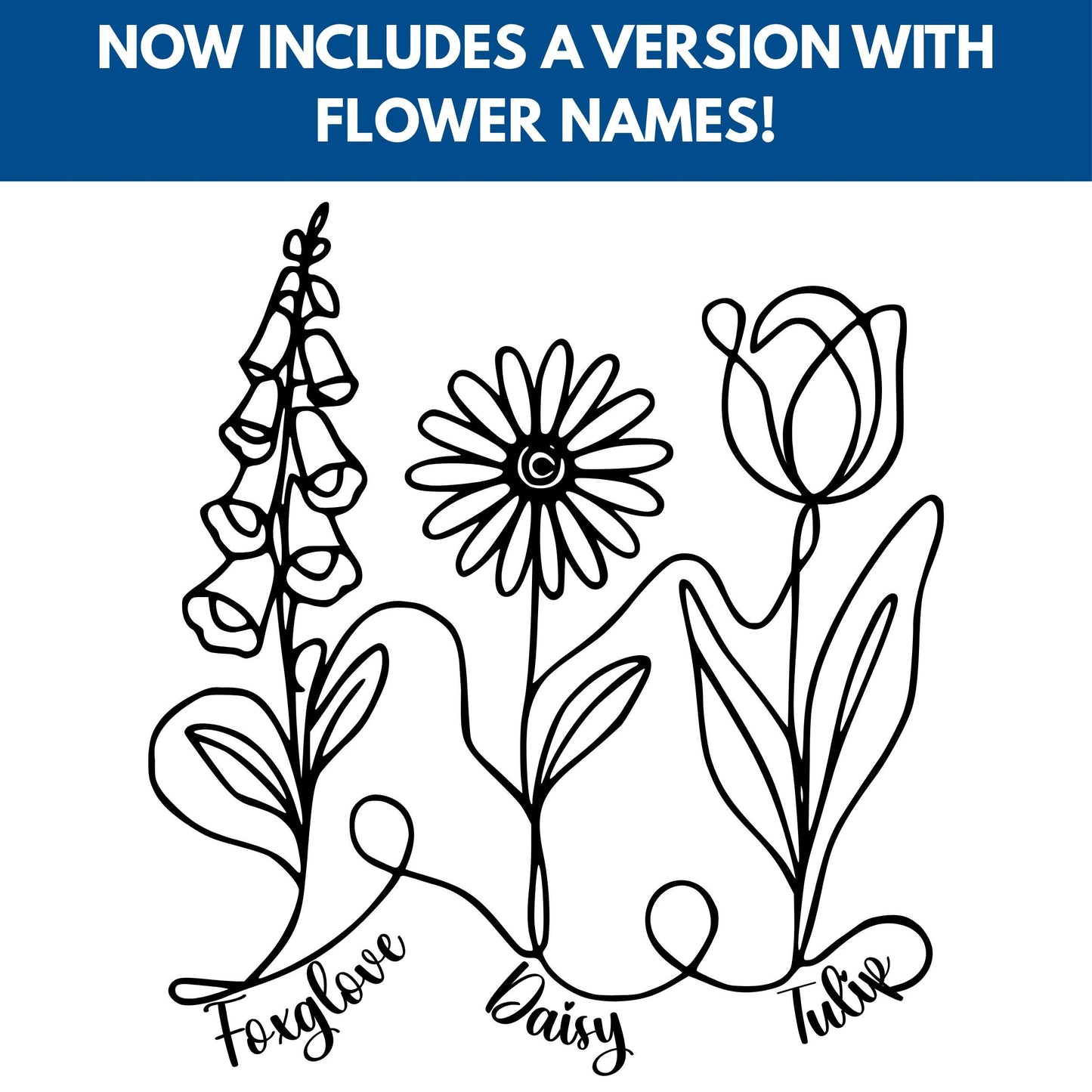 Subtle FDT Flowers Line Art Clipart | Foxglove, Daisy, Tulip (Instant Download, svg, png, jpg)