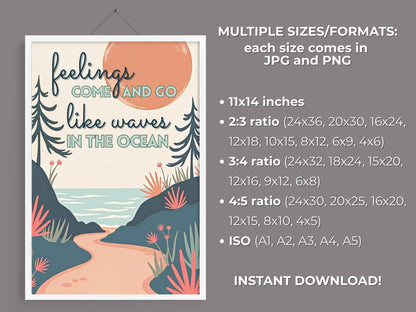 Coping Skills Counsellor Wall Art | Mental Health Poster - Feelings Are Like Waves (Digital Download)