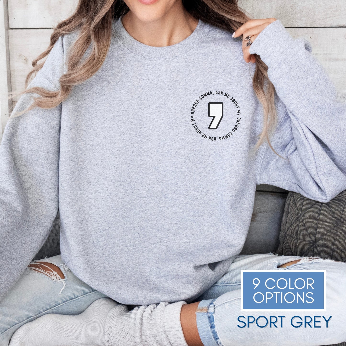 Oxford Comma Embroidered Crewneck Sweatshirt | Literary Apparel, English Language Pullover