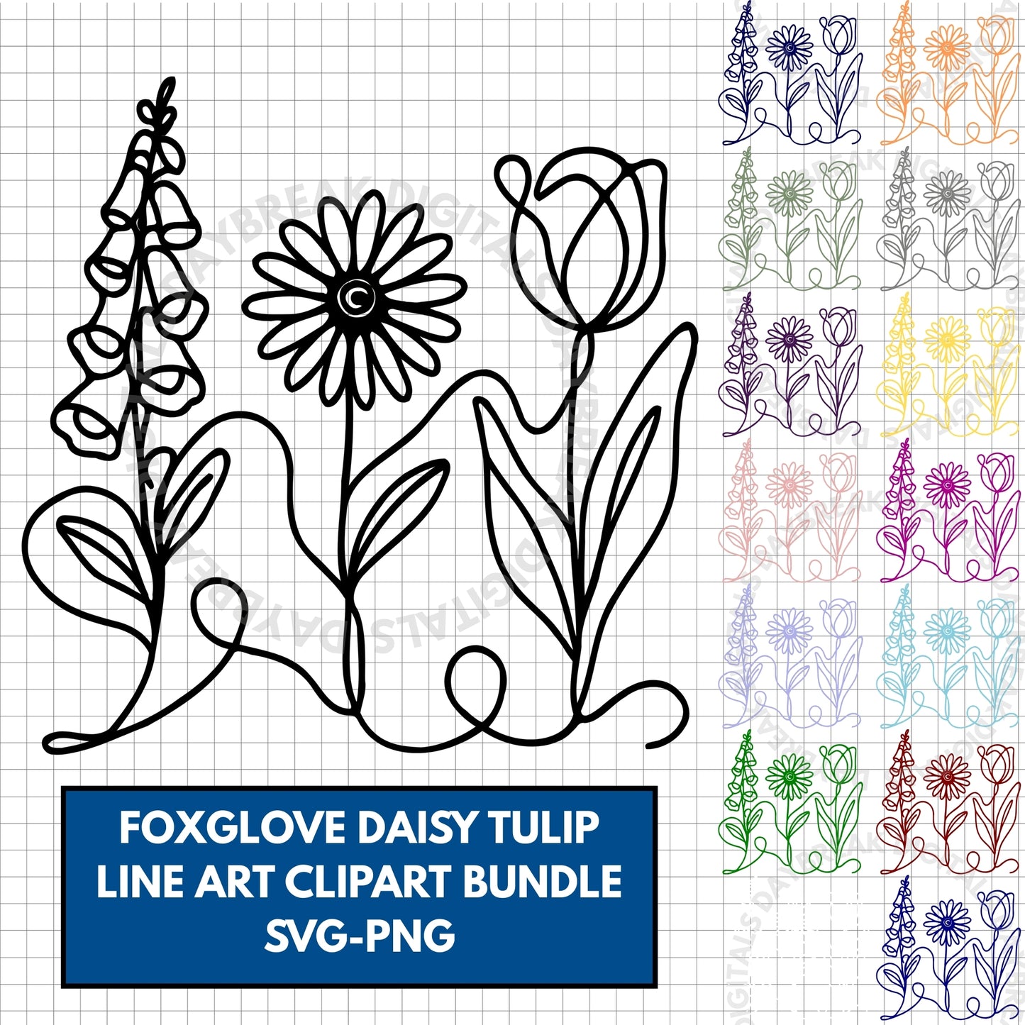 Subtle FDT Flowers Hand Drawn Clipart Bundle | Foxglove Daisy Tulip (Digital Download)