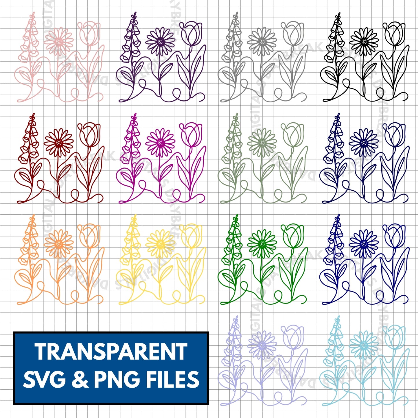 Subtle FDT Flowers Hand Drawn Clipart Bundle | Foxglove Daisy Tulip (Digital Download)