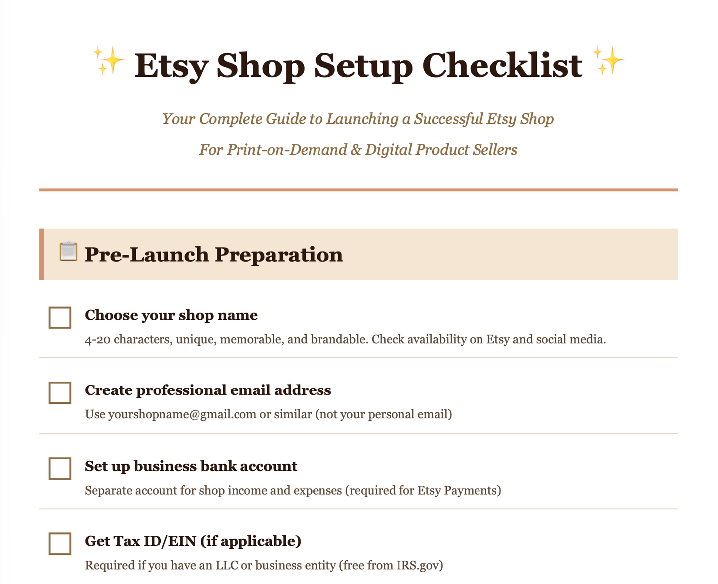 Etsy Shop Setup Checklist