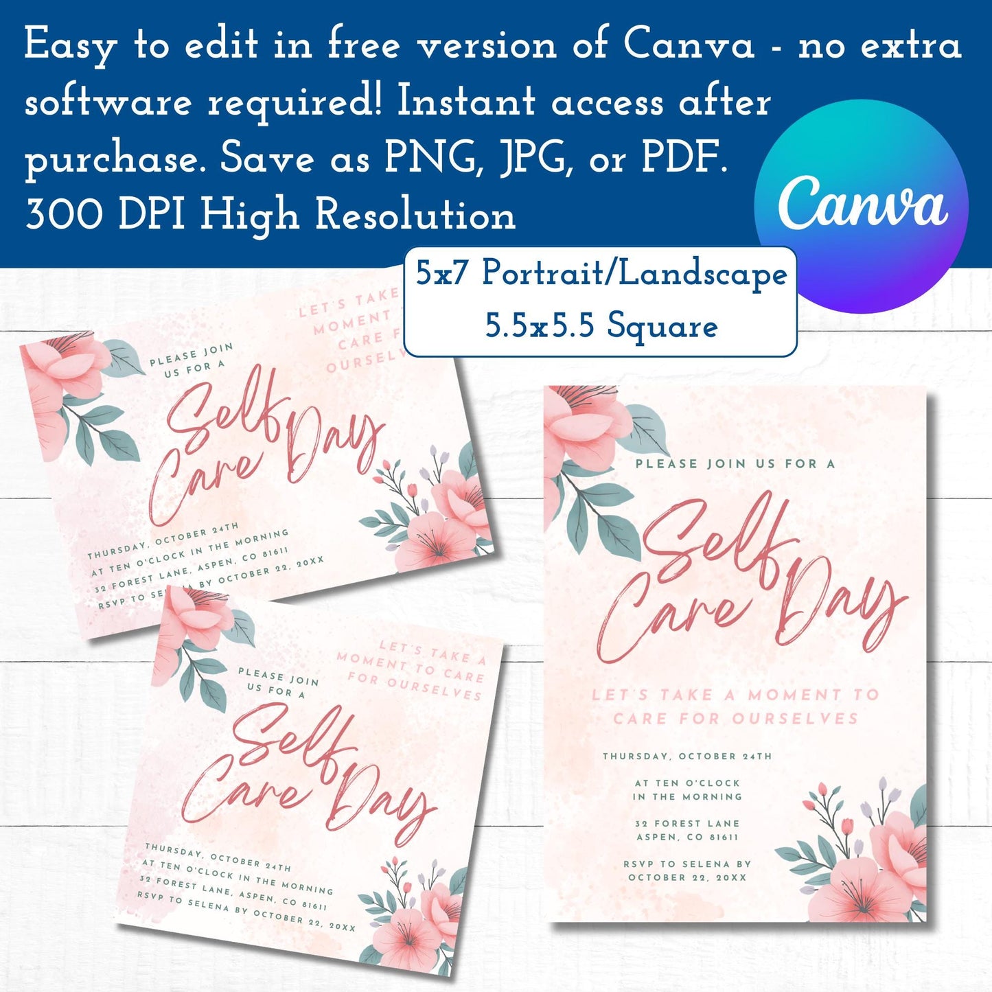Self Care Day Invite Templates | Mental Health or Wellness Party (Editable on Canva)