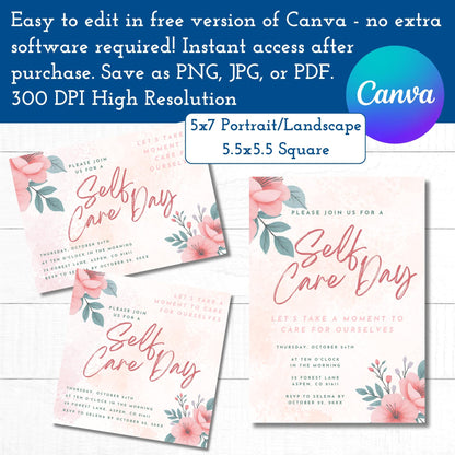 Self Care Day Invite Templates | Mental Health or Wellness Party (Editable on Canva)
