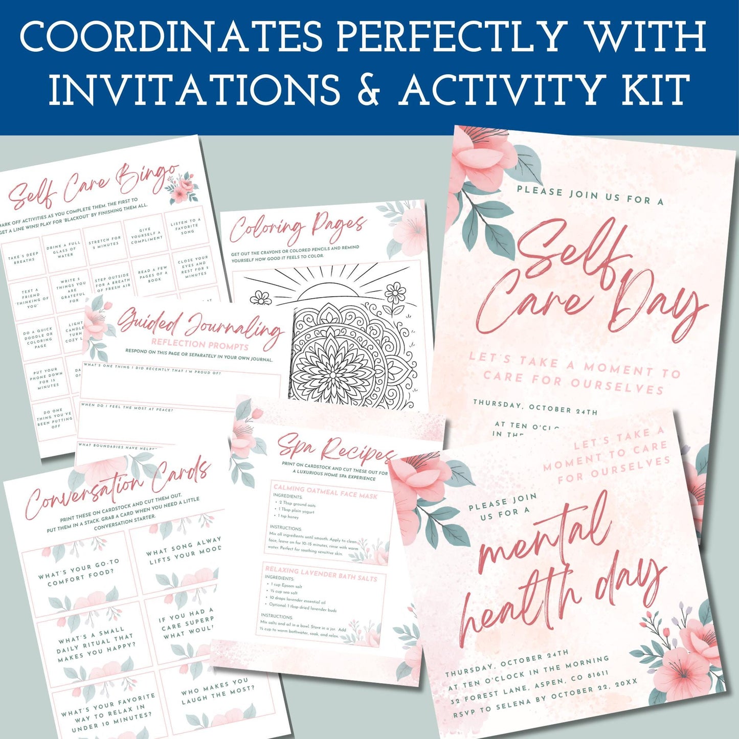 Self-Care Deluxe Party Kit | Printable Mental Health Day Invites + Decor + Activities (Canva Templates, PDFs)