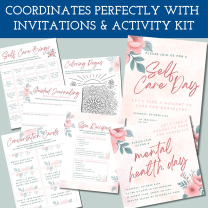 Self-Care Deluxe Party Kit | Printable Mental Health Day Invites + Decor + Activities (Canva Templates, PDFs)