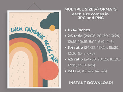 Emotional Support Poster | Even Rainbows Need Rain Therapy Office Wall Art (Digital Download)