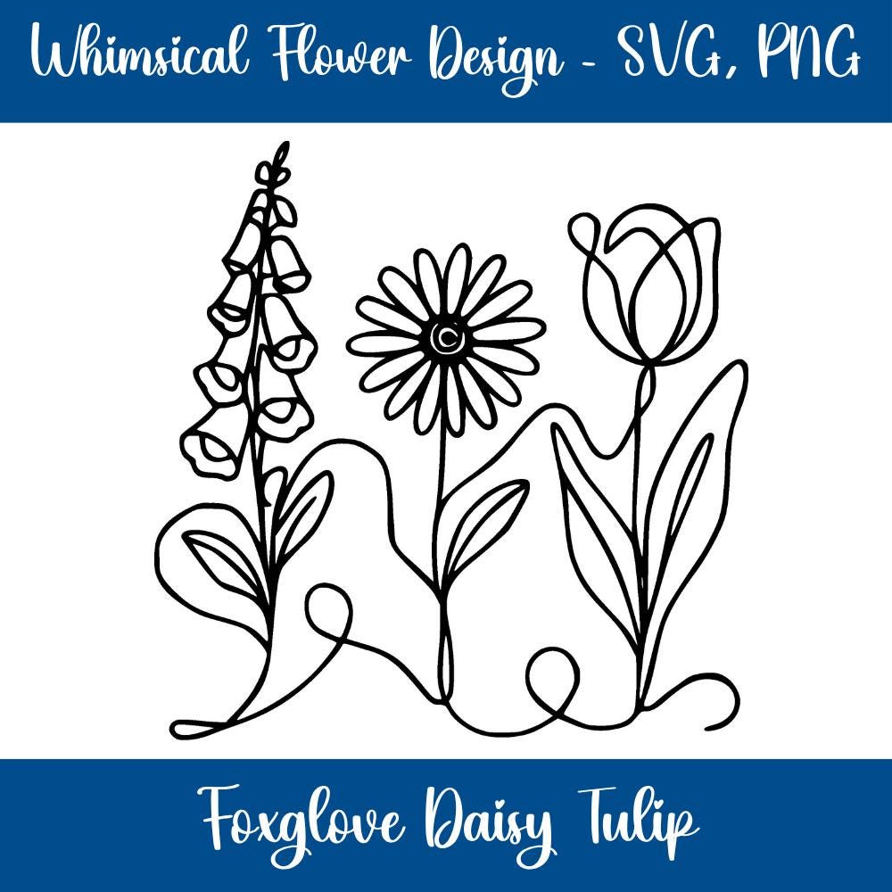 Subtle FDT Flowers Line Art Clipart | Foxglove, Daisy, Tulip (Instant Download, svg, png, jpg)