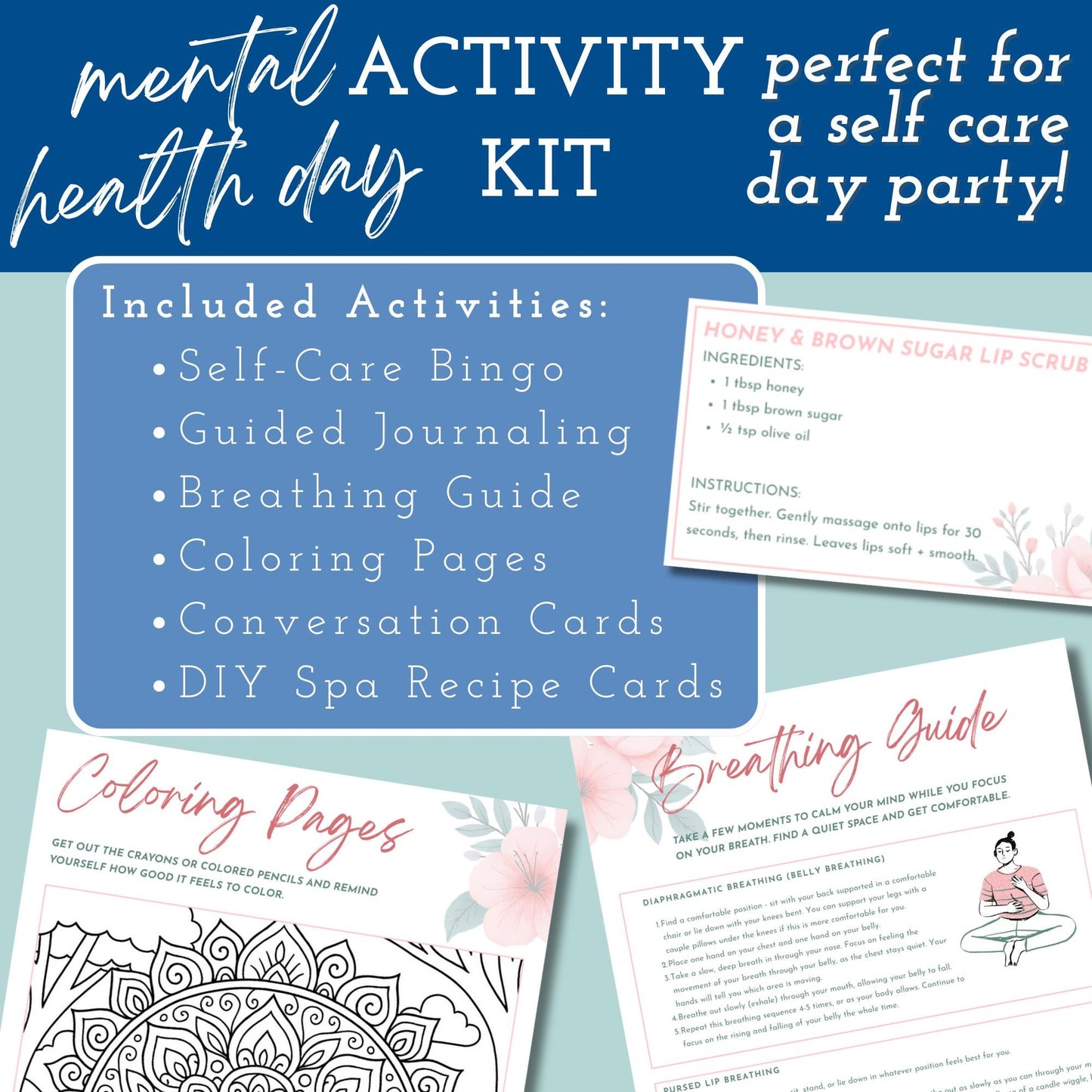Self-Care Deluxe Party Kit | Printable Mental Health Day Invites + Decor + Activities (Canva Templates, PDFs)