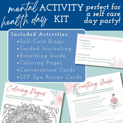 Self-Care Deluxe Party Kit | Printable Mental Health Day Invites + Decor + Activities (Canva Templates, PDFs)