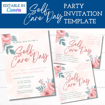 Self Care Day Invite Templates | Mental Health or Wellness Party (Editable on Canva)