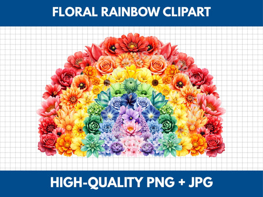 Floral Rainbow Clipart | Watercolor Flowers Image Design (Digital Download, PNG, JPG)