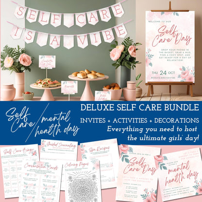 Self-Care Deluxe Party Kit | Printable Mental Health Day Invites + Decor + Activities (Canva Templates, PDFs)