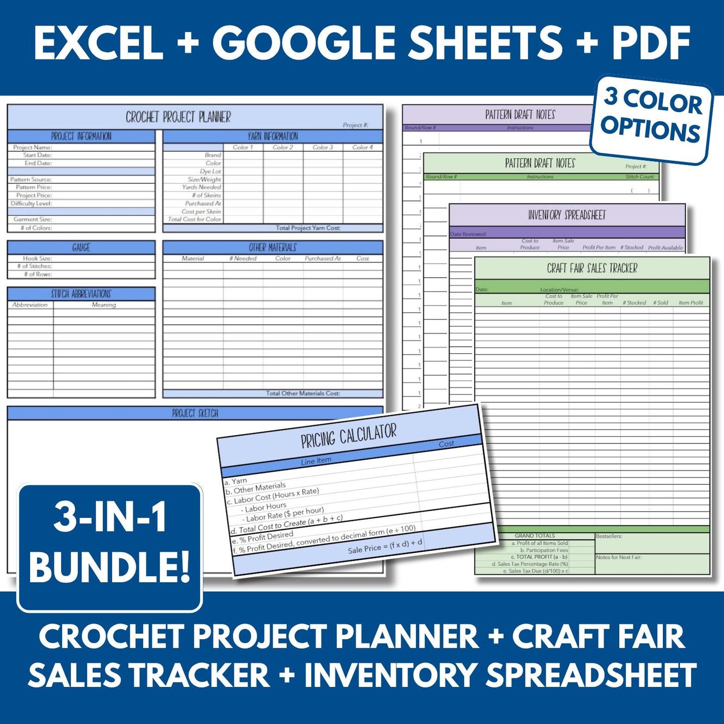 Crochet Project Planner + Craft Fair Tracker + Inventory Spreadsheet + Price Calculator (PDF, Excel, Google Sheets)