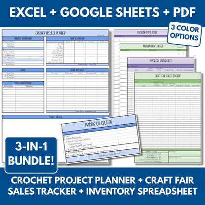 Crochet Project Planner + Craft Fair Tracker + Inventory Spreadsheet + Price Calculator (PDF, Excel, Google Sheets)