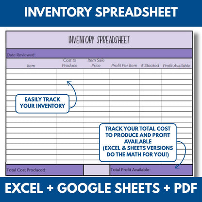 Craft Fair Sales Tracker + Inventory Spreadsheet (Excel, PDF, Google Sheets) + Bonus Price Calculator