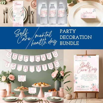 Self-Care Deluxe Party Kit | Printable Mental Health Day Invites + Decor + Activities (Canva Templates, PDFs)