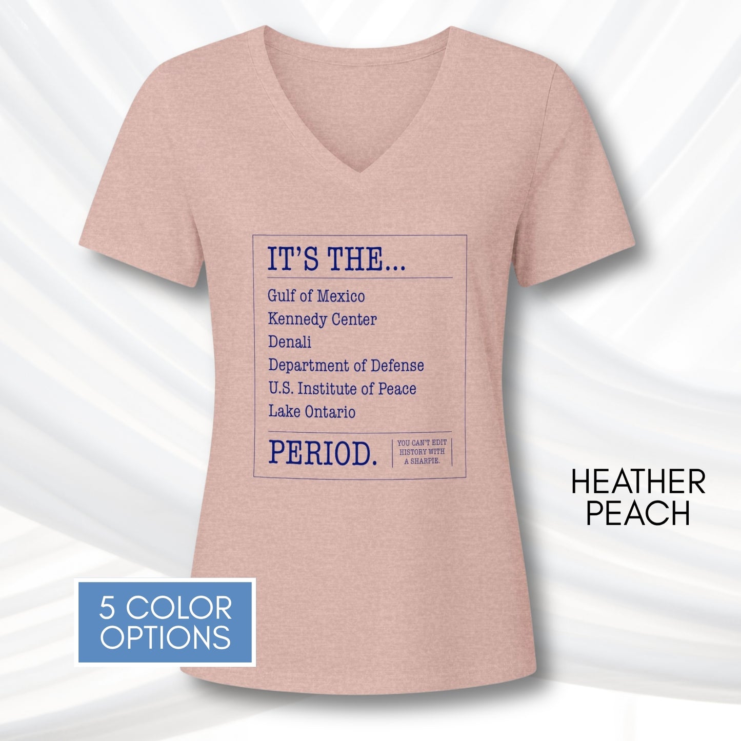 can't-edit-history-ladies-v-neck-graphic-tee-gulf-of-mexico-kennedy-center-lake-ontario-heather-peach