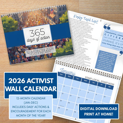 Political Activism 2026 Wall Calendar | 365 Days of Action (8.5x11 PDF, Digital Download)
