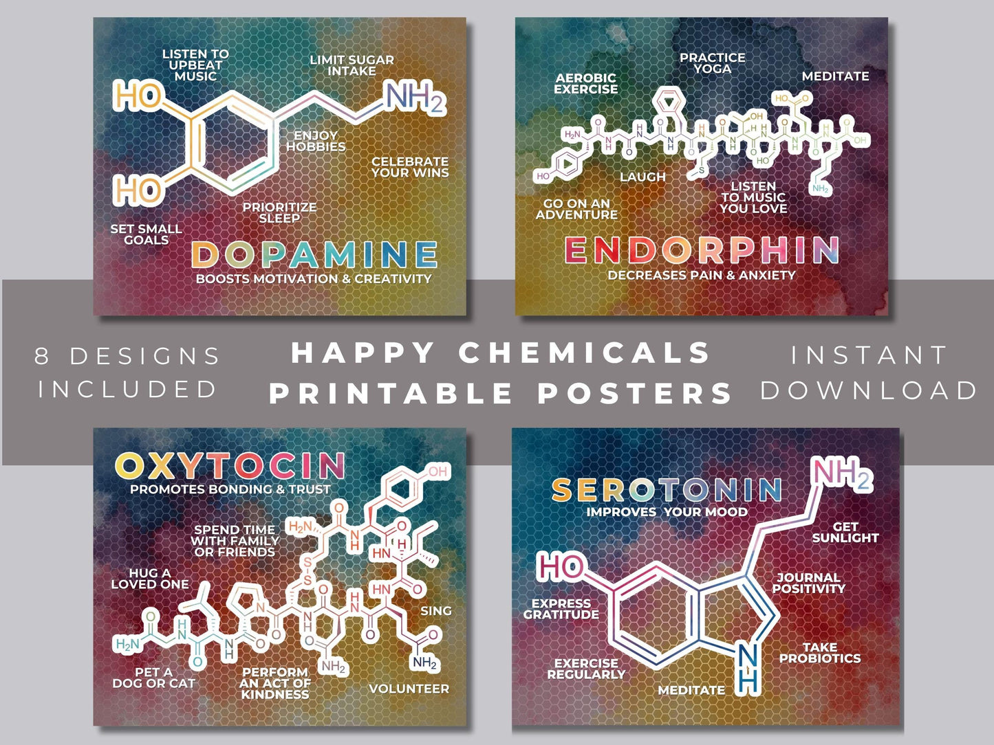 Happy Chemicals Printable Posters | Mental Health Chemistry Wall Art (Digital Download)