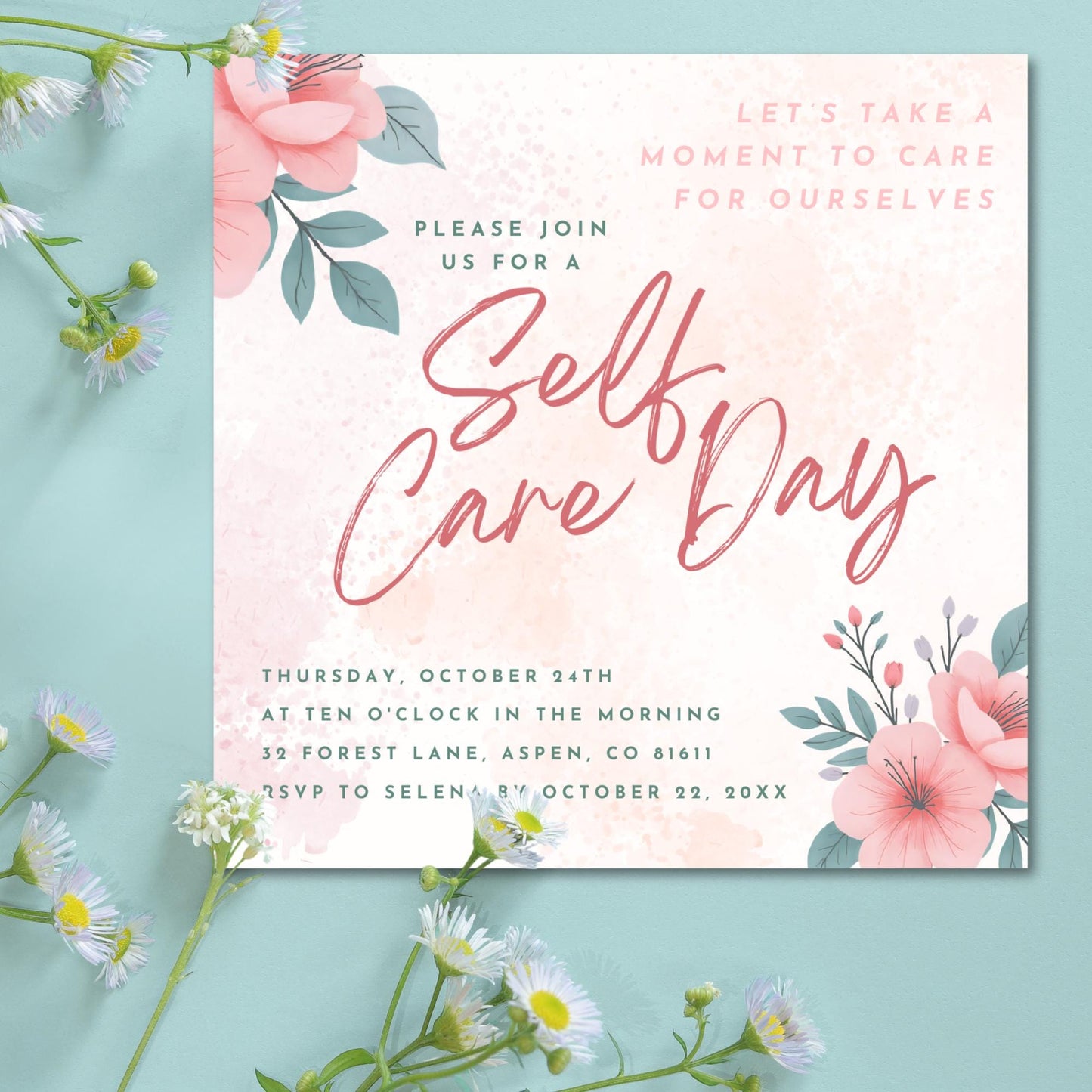 Self Care Day Invite Templates | Mental Health or Wellness Party (Editable on Canva)