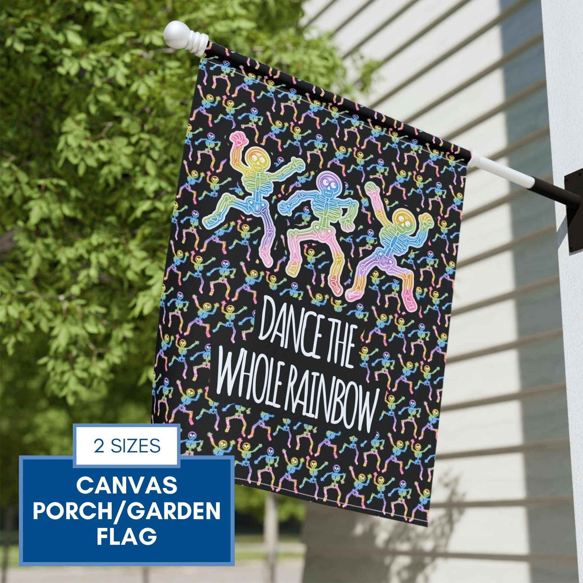 dance-the-whole-rainbow-garden-flag-dancing-skeletons-lgbtq-ally-porch-flag-hand-drawn-art