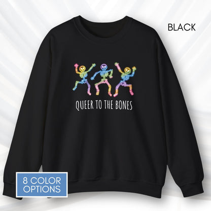 dancing-rainbow-skeletons-unisex-crewneck-halloween-lgbtq-activism-sweatshirt-hand-drawn-art-black