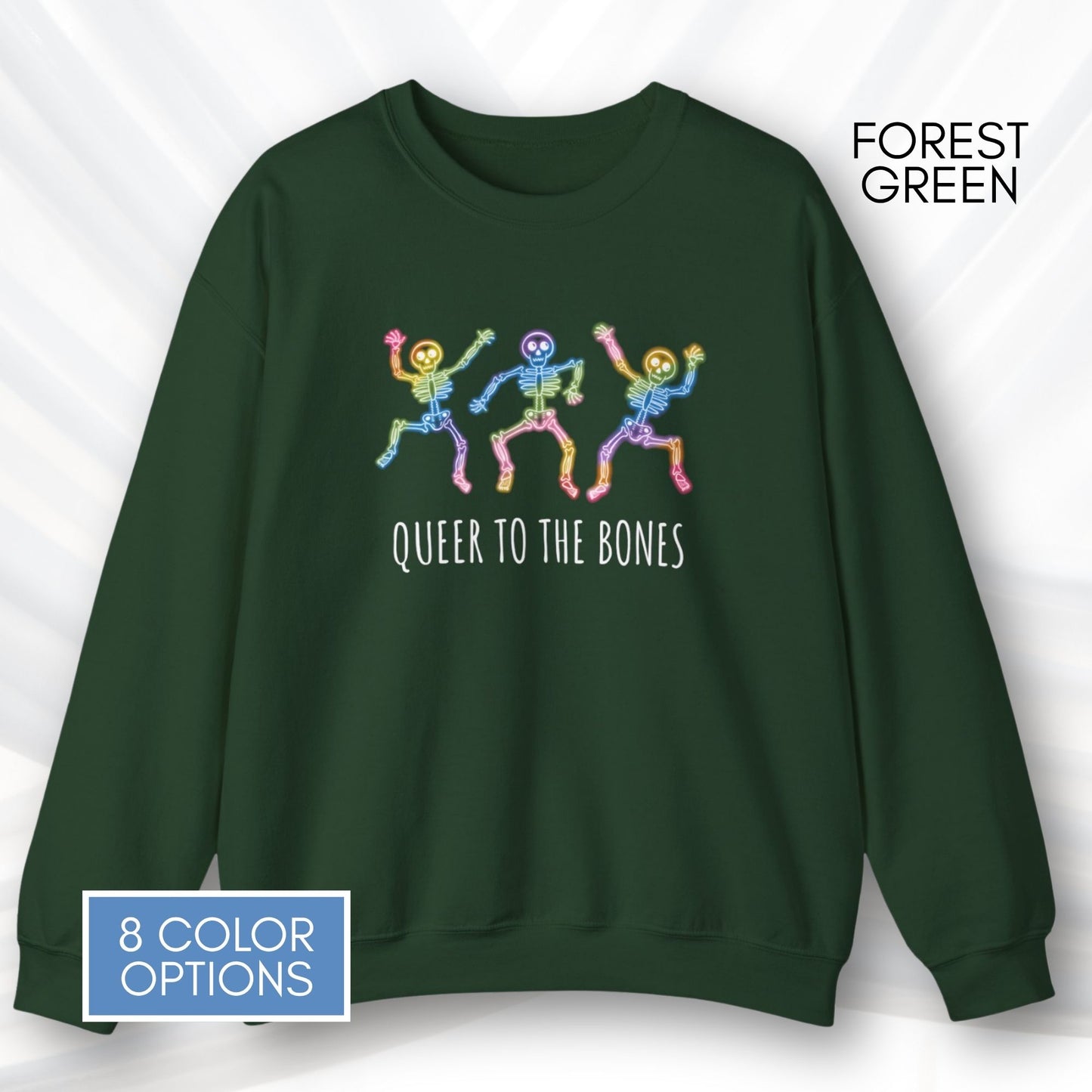 dancing-rainbow-skeletons-unisex-crewneck-halloween-lgbtq-activism-sweatshirt-hand-drawn-art-forest-green