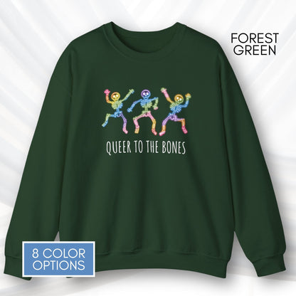 dancing-rainbow-skeletons-unisex-crewneck-halloween-lgbtq-activism-sweatshirt-hand-drawn-art-forest-green